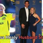 The image features Australian cricketer Alyssa Healy in three different moments. On the left, she is seen celebrating on the field in her yellow Australia cricket jersey. In the middle, she appears at an event, posing with a man in formal attire. On the right, she is pictured in her wicketkeeping gear, ready for action. The caption reads: