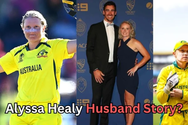 The image features Australian cricketer Alyssa Healy in three different moments. On the left, she is seen celebrating on the field in her yellow Australia cricket jersey. In the middle, she appears at an event, posing with a man in formal attire. On the right, she is pictured in her wicketkeeping gear, ready for action. The caption reads: