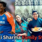 Indian cricketer Deepti Sharma celebrating on the field in her team jersey on the left, and posing with her parents in traditional attire during a festive moment at home on the right, highlighting her connection to family.