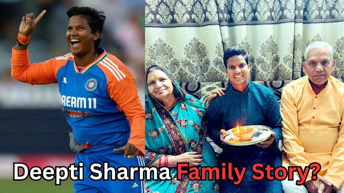 Indian cricketer Deepti Sharma celebrating on the field in her team jersey on the left, and posing with her parents in traditional attire during a festive moment at home on the right, highlighting her connection to family.