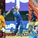 Collage of South African cricketer Dewald Brevis celebrating and batting in different cricket leagues, wearing jerseys of South Africa, Mumbai Indians, and Chennai Super Kings, with the text ‘Dewald Brevis Cricket Journey?’ written at the bottom.