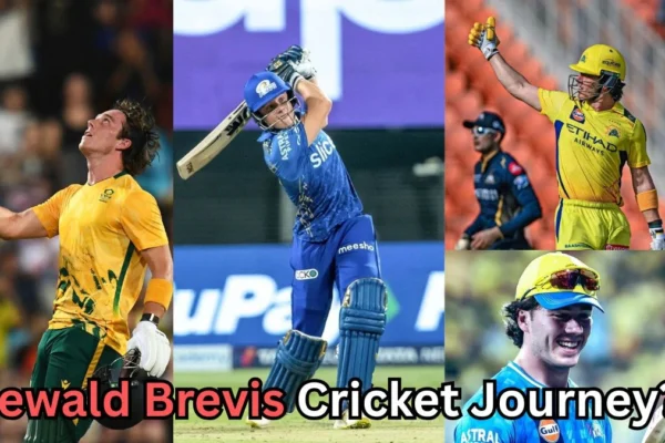 Collage of South African cricketer Dewald Brevis celebrating and batting in different cricket leagues, wearing jerseys of South Africa, Mumbai Indians, and Chennai Super Kings, with the text ‘Dewald Brevis Cricket Journey?’ written at the bottom.
