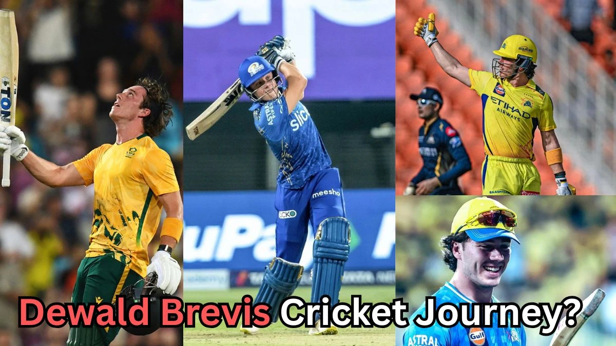 Collage of South African cricketer Dewald Brevis celebrating and batting in different cricket leagues, wearing jerseys of South Africa, Mumbai Indians, and Chennai Super Kings, with the text ‘Dewald Brevis Cricket Journey?’ written at the bottom.
