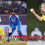 A split-screen collage featuring Australian cricketer Ellyse Perry. On the left, she is seen batting during a match against India, with an Indian wicketkeeper behind the stumps. On the right, she is shown in action bowling in Australia's yellow jersey. Bold text at the bottom reads: "Ellyse Perry Highest Score?"