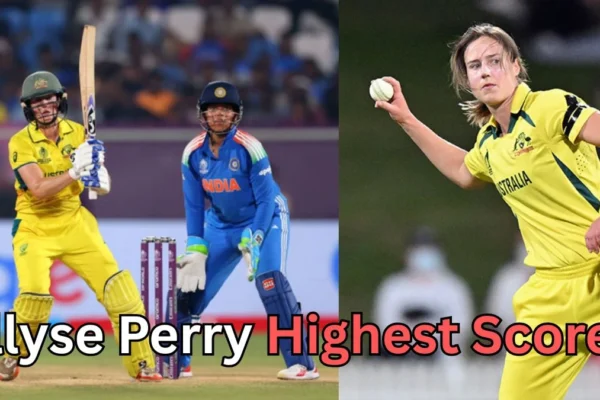 A split-screen collage featuring Australian cricketer Ellyse Perry. On the left, she is seen batting during a match against India, with an Indian wicketkeeper behind the stumps. On the right, she is shown in action bowling in Australia's yellow jersey. Bold text at the bottom reads: "Ellyse Perry Highest Score?"