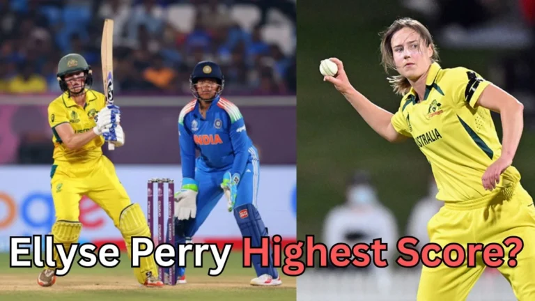 A split-screen collage featuring Australian cricketer Ellyse Perry. On the left, she is seen batting during a match against India, with an Indian wicketkeeper behind the stumps. On the right, she is shown in action bowling in Australia's yellow jersey. Bold text at the bottom reads: "Ellyse Perry Highest Score?"