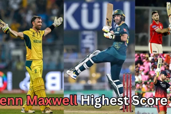 Collage of Australian cricketer Glenn Maxwell celebrating after scoring centuries in different matches, wearing various team jerseys including Australia’s yellow kit, green kit, Kings XI Punjab red kit, and Royal Challengers Bangalore jersey, with the text ‘Glenn Maxwell Highest Score?’ written at the bottom