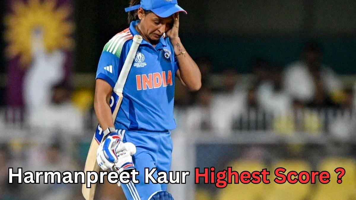 Indian cricketer Harmanpreet Kaur walking off the field in disappointment, wearing the blue India jersey and holding her bat, with the caption 'Harmanpreet Kaur Highest Score?'