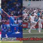 Collage showing Indian fast bowler Jasprit Bumrah in action across different matches and formats, wearing both India’s blue and white cricket uniforms. The text on the image reads: ‘Jasprit Bumrah Highest Wicket Record?’