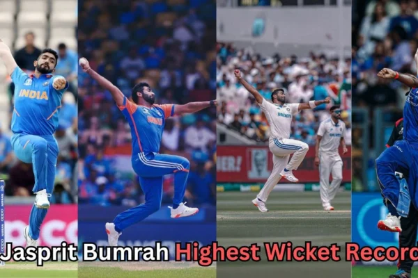 Collage showing Indian fast bowler Jasprit Bumrah in action across different matches and formats, wearing both India’s blue and white cricket uniforms. The text on the image reads: ‘Jasprit Bumrah Highest Wicket Record?’