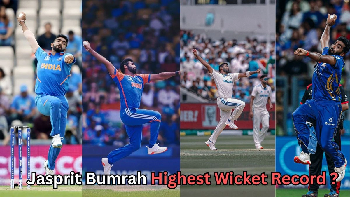 Collage showing Indian fast bowler Jasprit Bumrah in action across different matches and formats, wearing both India’s blue and white cricket uniforms. The text on the image reads: ‘Jasprit Bumrah Highest Wicket Record?’