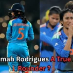 Indian cricketer Jemimah Rodrigues is seen in two moments during a match — on the left, she walks on the field wearing her jersey with the name “Jemimah” and number 5, and on the right, she appears emotional with folded hands while acknowledging the crowd. The caption asks, “Jemimah Rodrigues A True All-Rounder?”