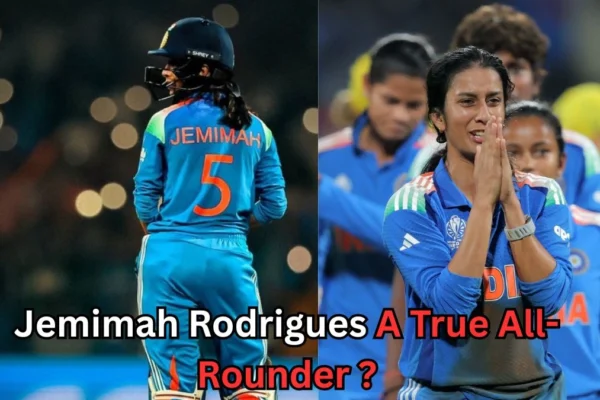 Indian cricketer Jemimah Rodrigues is seen in two moments during a match — on the left, she walks on the field wearing her jersey with the name “Jemimah” and number 5, and on the right, she appears emotional with folded hands while acknowledging the crowd. The caption asks, “Jemimah Rodrigues A True All-Rounder?”