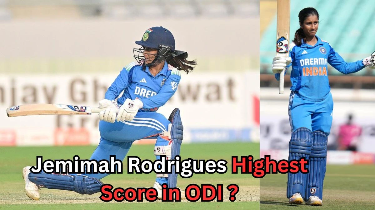 Jemimah Rodrigues playing a cricket shot and raising her bat to celebrate her highest ODI score of 123 runs, wearing the Indian women's cricket team blue jersey.