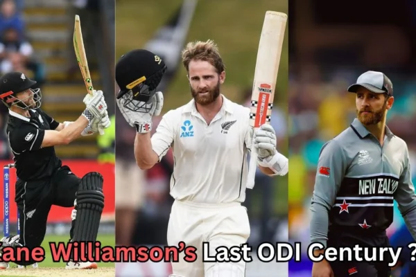 A collage of three images featuring New Zealand cricketer Kane Williamson in different formats of the game. On the left, he is playing a shot in an ODI wearing a black New Zealand jersey. In the center, he raises his bat and helmet in celebration after scoring a century in Test cricket, wearing the white New Zealand kit. On the right, he is seen in a grey and black T20 uniform, standing on the field. Text at the bottom reads: “Kane Williamson’s Last ODI Century?