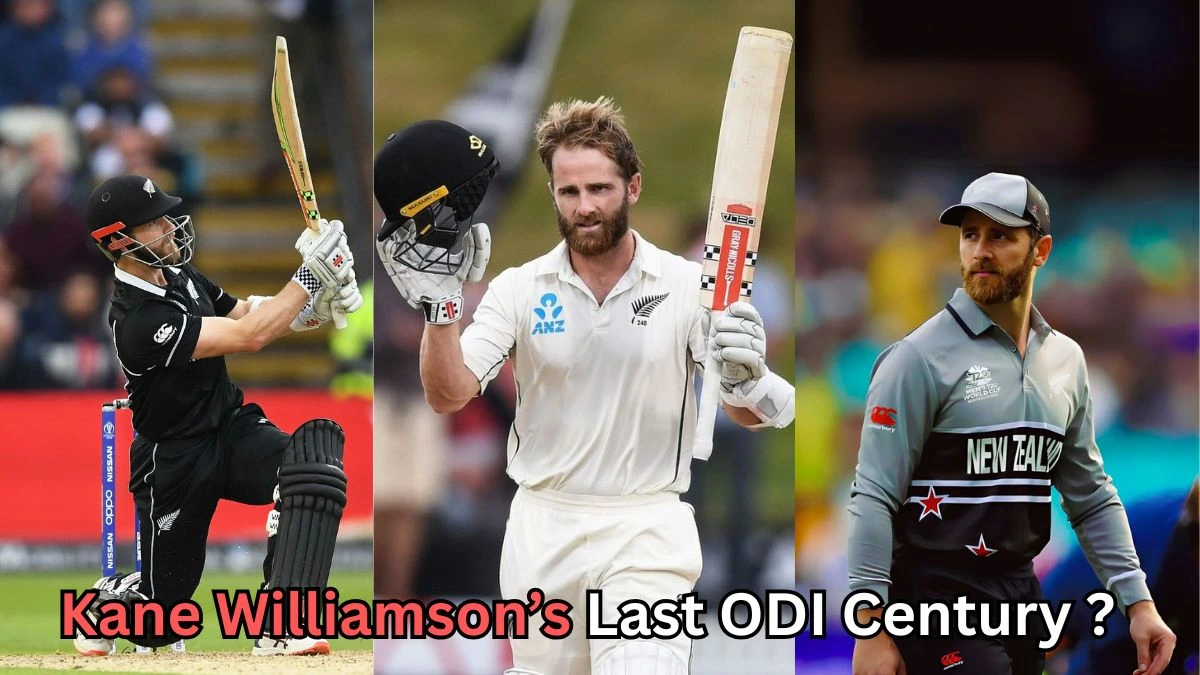 A collage of three images featuring New Zealand cricketer Kane Williamson in different formats of the game. On the left, he is playing a shot in an ODI wearing a black New Zealand jersey. In the center, he raises his bat and helmet in celebration after scoring a century in Test cricket, wearing the white New Zealand kit. On the right, he is seen in a grey and black T20 uniform, standing on the field. Text at the bottom reads: “Kane Williamson’s Last ODI Century?