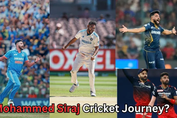 A collage featuring Indian cricketer Mohammed Siraj in various moments of his cricket journey. The images show him celebrating wickets in different formats — wearing India’s blue ODI jersey, India’s white Test uniform, and the Royal Challengers Bengaluru (RCB) IPL jersey. At the bottom, bold red and black text reads, “Mohammed Siraj Cricket Journey?