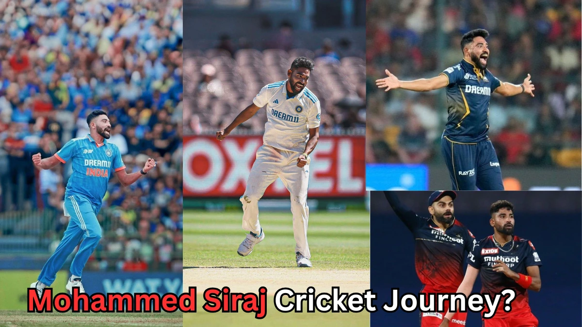 A collage featuring Indian cricketer Mohammed Siraj in various moments of his cricket journey. The images show him celebrating wickets in different formats — wearing India’s blue ODI jersey, India’s white Test uniform, and the Royal Challengers Bengaluru (RCB) IPL jersey. At the bottom, bold red and black text reads, “Mohammed Siraj Cricket Journey?