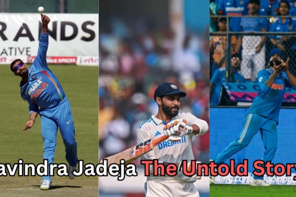 Collage showing an Indian cricketer in three different moments — bowling, batting, and catching — while wearing India’s blue and white uniforms. The text on the image reads: ‘Ravindra Jadeja The Untold Story?