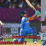 A collage featuring Indian cricketer Richa Ghosh showcasing her power-hitting skills. The central image shows her playing an aggressive cricket shot during a match against South Africa, with the wicketkeeper in the background. The top right image is a portrait of Richa Ghosh in an Indian team jersey, celebrating with clenched fists. The bottom right image captures another action shot of her batting. Bold text at the bottom reads: "Richa Ghosh Power-Hitting Masterclass?"