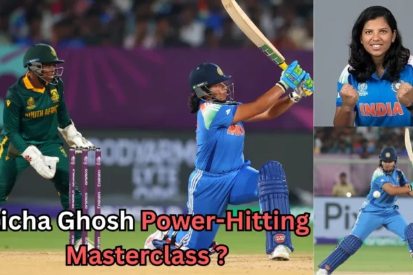 A collage featuring Indian cricketer Richa Ghosh showcasing her power-hitting skills. The central image shows her playing an aggressive cricket shot during a match against South Africa, with the wicketkeeper in the background. The top right image is a portrait of Richa Ghosh in an Indian team jersey, celebrating with clenched fists. The bottom right image captures another action shot of her batting. Bold text at the bottom reads: "Richa Ghosh Power-Hitting Masterclass?"