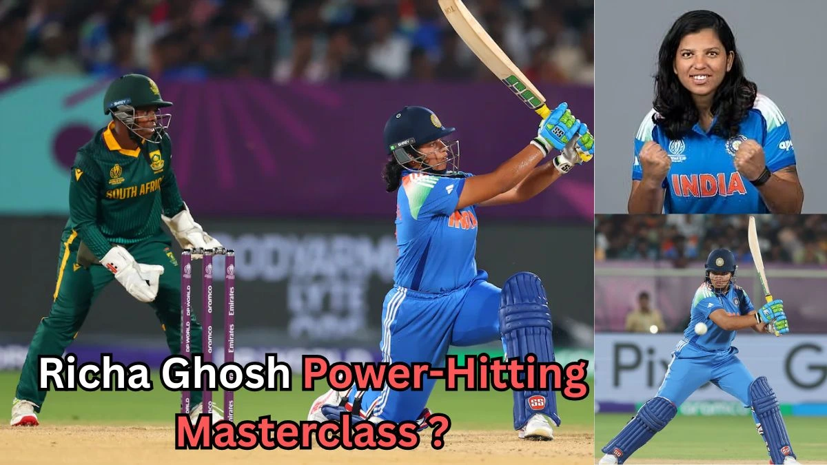 A collage featuring Indian cricketer Richa Ghosh showcasing her power-hitting skills. The central image shows her playing an aggressive cricket shot during a match against South Africa, with the wicketkeeper in the background. The top right image is a portrait of Richa Ghosh in an Indian team jersey, celebrating with clenched fists. The bottom right image captures another action shot of her batting. Bold text at the bottom reads: "Richa Ghosh Power-Hitting Masterclass?"