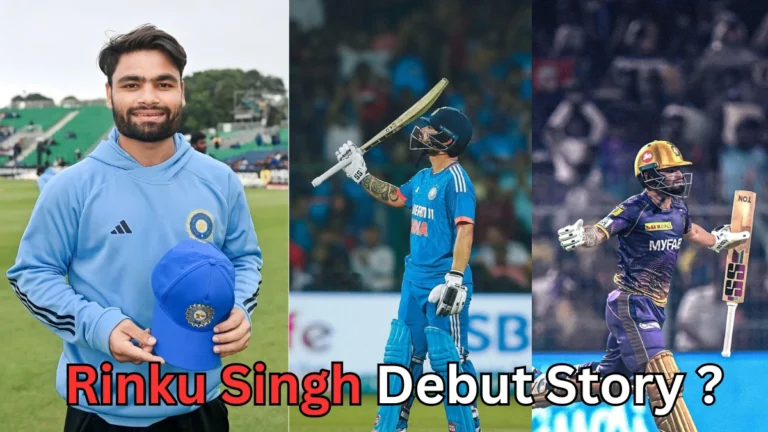 Rinku Singh Debut Story – collage showing Rinku Singh holding the India cap, celebrating with his bat in Team India jersey, and playing for Kolkata Knight Riders in IPL.