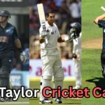 A collage showing former New Zealand cricketer Ross Taylor in various moments from his career. On the left, he celebrates a partnership while wearing a black New Zealand ODI uniform. In the center, he raises his bat and helmet after scoring a century in a Test match, wearing the white Test kit. On the right, he celebrates another ODI milestone with his signature tongue-out gesture. Text at the bottom reads: “Ross Taylor Cricket Career?”