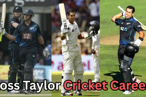 A collage showing former New Zealand cricketer Ross Taylor in various moments from his career. On the left, he celebrates a partnership while wearing a black New Zealand ODI uniform. In the center, he raises his bat and helmet after scoring a century in a Test match, wearing the white Test kit. On the right, he celebrates another ODI milestone with his signature tongue-out gesture. Text at the bottom reads: “Ross Taylor Cricket Career?”
