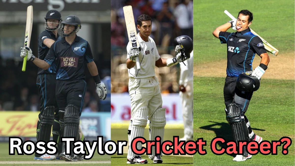 A collage showing former New Zealand cricketer Ross Taylor in various moments from his career. On the left, he celebrates a partnership while wearing a black New Zealand ODI uniform. In the center, he raises his bat and helmet after scoring a century in a Test match, wearing the white Test kit. On the right, he celebrates another ODI milestone with his signature tongue-out gesture. Text at the bottom reads: “Ross Taylor Cricket Career?”