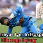 “Cricketer wearing a blue uniform kneeling on the ground and holding his side in pain, indicating a rib injury. An illustration of a rib cage is shown in the corner. Text on the image reads: ‘Shreyas Iyer in hospital — Rib cage injury.’”