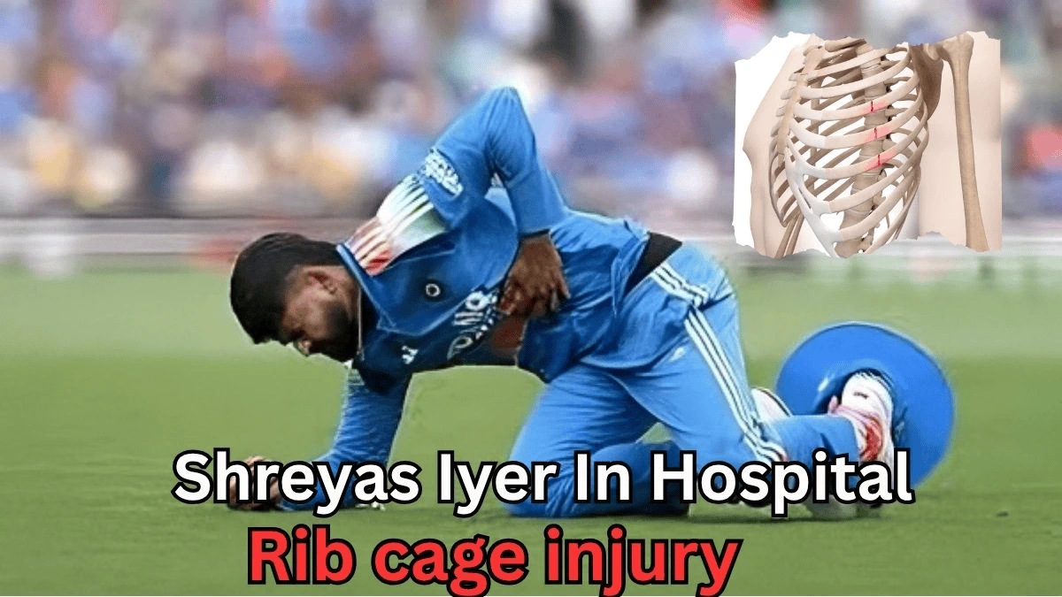 “Cricketer wearing a blue uniform kneeling on the ground and holding his side in pain, indicating a rib injury. An illustration of a rib cage is shown in the corner. Text on the image reads: ‘Shreyas Iyer in hospital — Rib cage injury.’”
