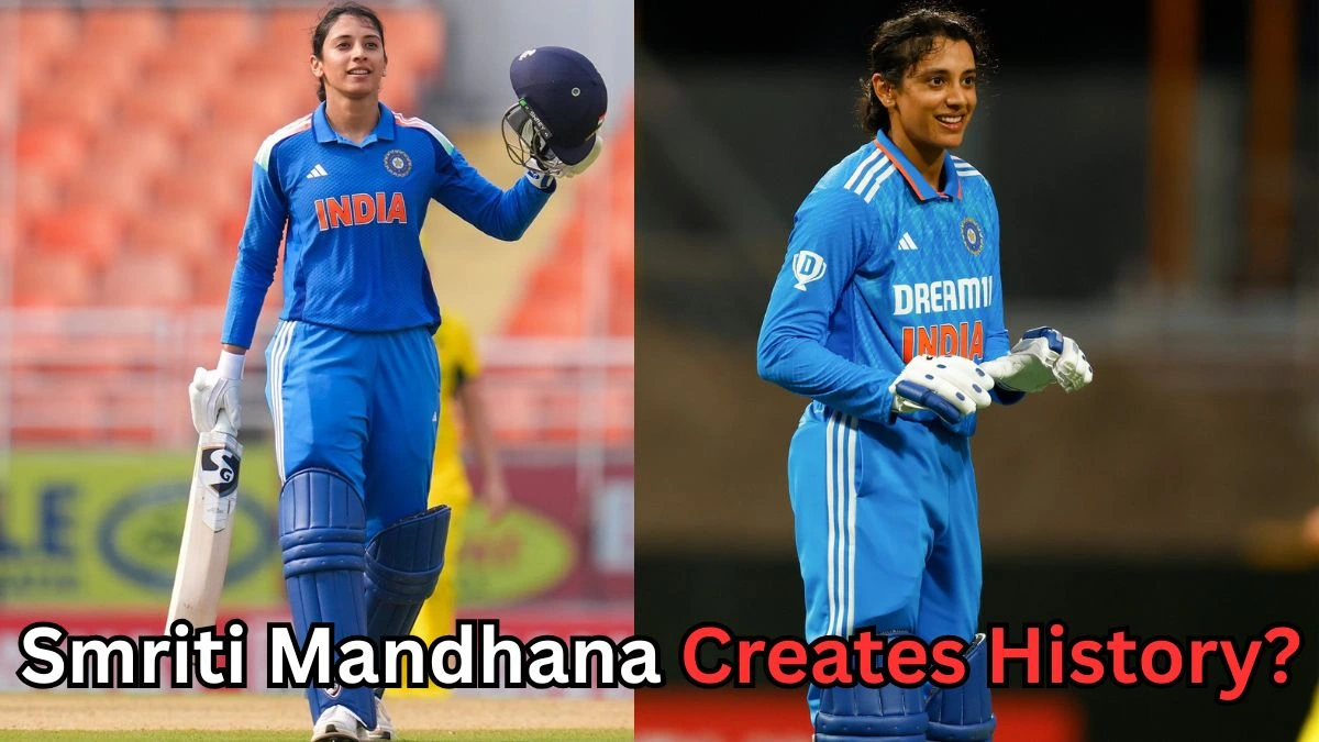 Smriti Mandhana in Indian cricket jersey celebrating on the field, highlighting her historic achievement of becoming the highest century scorer in Women’s ODIs for India.
