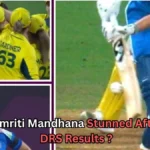 The image shows a cricket match moment involving India and Australia’s women’s teams. The top-left section depicts Australian players celebrating a wicket, while the top-right section shows a close-up of the ball passing the bat, with the UltraEdge graphic indicating a spike (used in DRS — Decision Review System). At the bottom, Indian batter Smriti Mandhana appears surprised or disappointed, as highlighted by the caption: “Smriti Mandhana Stunned After DRS Results?”