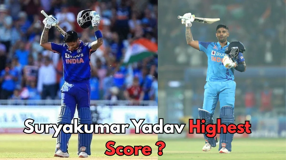 Suryakumar Yadav celebrates his highest score for India, raising his bat and helmet after a brilliant innings in international cricket while wearing the blue India jersey.