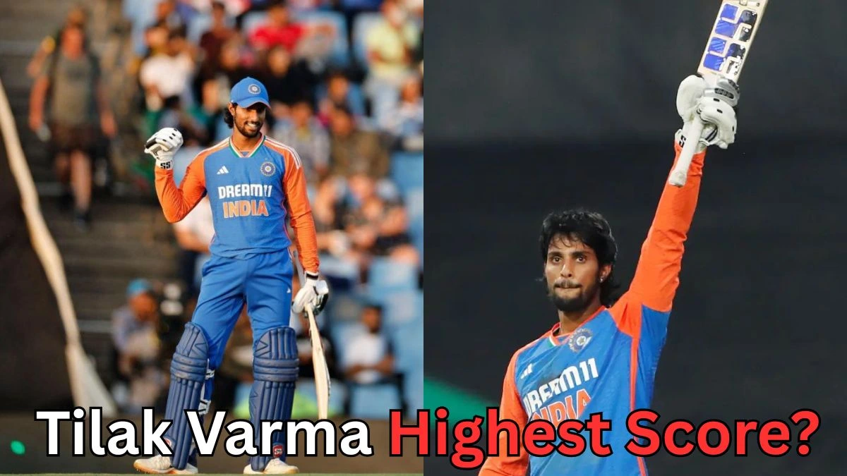 Tilak Varma celebrating his highest score for India, wearing the blue Dream11 India jersey and raising his bat during a cricket match.