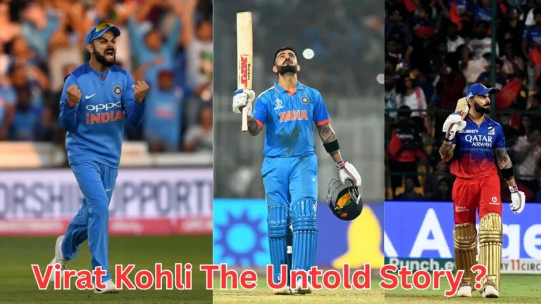 Virat Kohli The Untold Story – A powerful collage of Kohli’s cricketing journey showing his passion, determination, and success in Indian and IPL cricket.