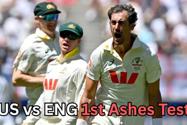 Three Australian cricket players in white Test uniforms celebrate on the field. The player in the foreground is shouting in excitement, while two teammates behind him, wearing green caps and sunglasses, run toward him. Text on the image reads: ‘AUS vs ENG 1st Ashes Test?
