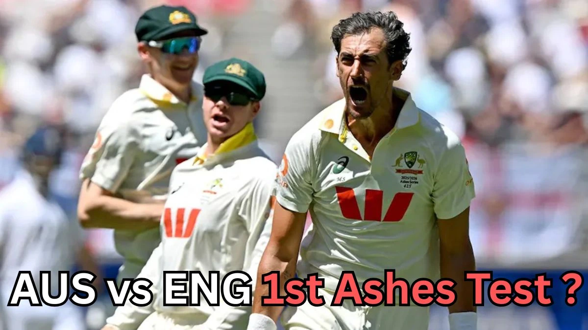 Three Australian cricket players in white Test uniforms celebrate on the field. The player in the foreground is shouting in excitement, while two teammates behind him, wearing green caps and sunglasses, run toward him. Text on the image reads: ‘AUS vs ENG 1st Ashes Test?