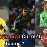 Collage of Australian cricketer Adam Zampa in different cricket uniforms, including the Australian national team, Melbourne Stars, and other franchise teams, with the text 'Adam Zampa Current Teams?' written at the bottom