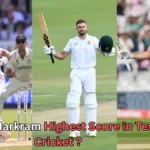 Collage of South African cricketer Aiden Markram in three different Test cricket moments, wearing South Africa’s white uniform. In the images, he is seen batting and celebrating a milestone by raising his bat and helmet. Text on the image reads: ‘Aiden Markram Highest Score in Test Cricket?
