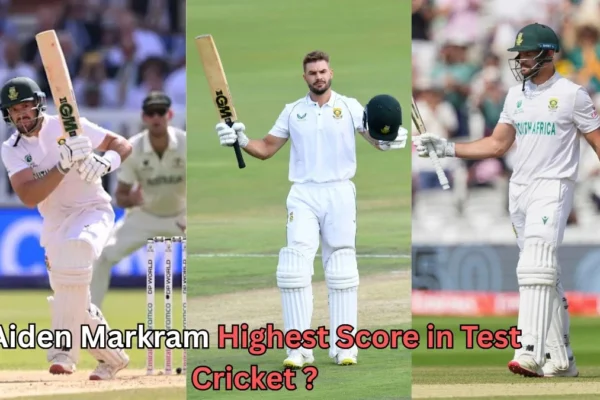Collage of South African cricketer Aiden Markram in three different Test cricket moments, wearing South Africa’s white uniform. In the images, he is seen batting and celebrating a milestone by raising his bat and helmet. Text on the image reads: ‘Aiden Markram Highest Score in Test Cricket?
