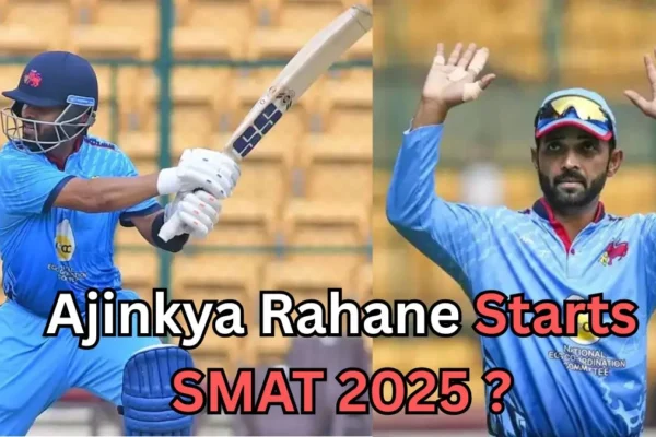 A split image showing a cricket player in blue gear swinging a bat on the left, and another cricket player in a blue uniform raising both hands on the right. Text across the bottom reads: “Ajinkya Rahane Starts SMAT 2025?
