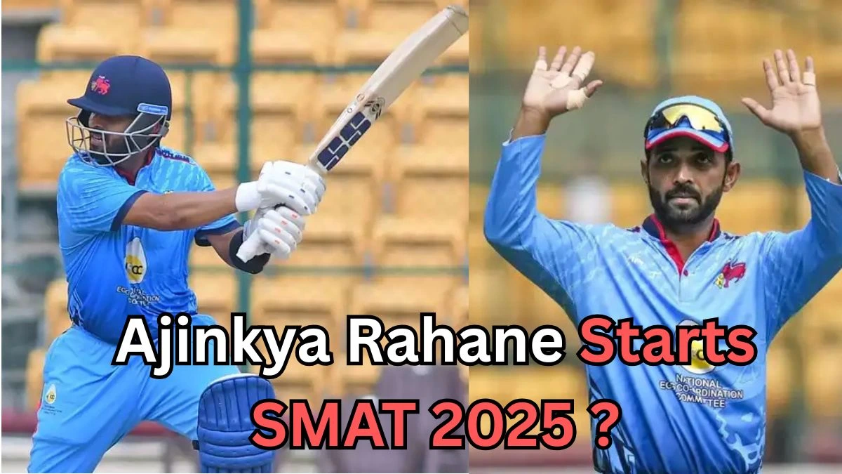 A split image showing a cricket player in blue gear swinging a bat on the left, and another cricket player in a blue uniform raising both hands on the right. Text across the bottom reads: “Ajinkya Rahane Starts SMAT 2025?