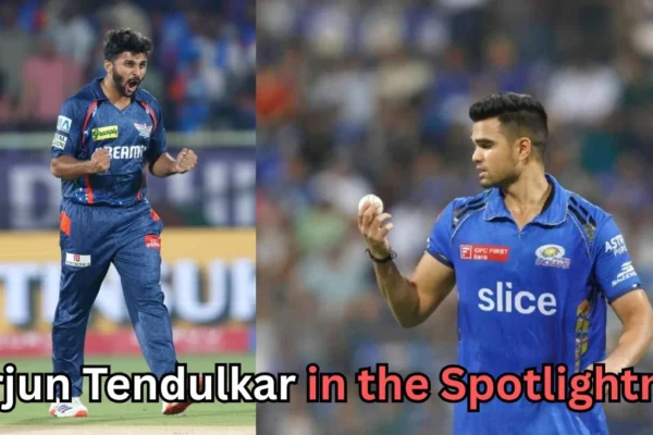 Two cricket players in blue jerseys from different teams on the field. The player on the left is celebrating passionately after taking a wicket, while the player on the right is holding a cricket ball and looking focused. The text on the image reads ‘Arjun Tendulkar in the Spotlightn?