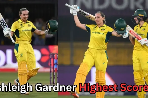 Australian cricketer Ashleigh Gardner in yellow uniform raising her bat and helmet to celebrate a milestone innings, with another image showing her acknowledging the crowd after a strong performance. Text on the image reads 'Ashleigh Gardner Highest Score?
