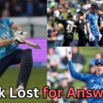 Collage of an England cricketer in blue jersey during a match — batting, walking off the field after getting out, and raising his arms in frustration. Text on the image reads ‘Brook Lost for Answers?
