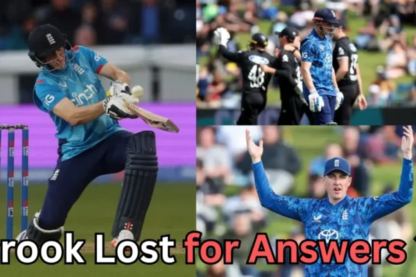 Collage of an England cricketer in blue jersey during a match — batting, walking off the field after getting out, and raising his arms in frustration. Text on the image reads ‘Brook Lost for Answers?