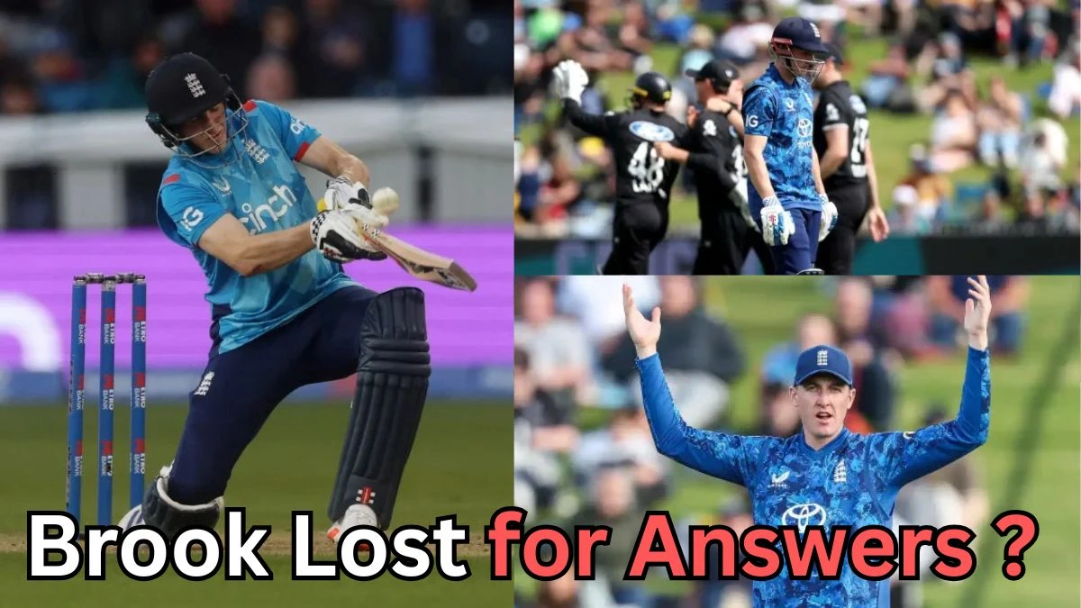 Collage of an England cricketer in blue jersey during a match — batting, walking off the field after getting out, and raising his arms in frustration. Text on the image reads ‘Brook Lost for Answers?
