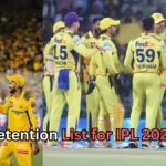 Chennai Super Kings players wearing yellow jerseys celebrate and talk on the cricket field, with text asking about CSK Retention List for IPL 2026."